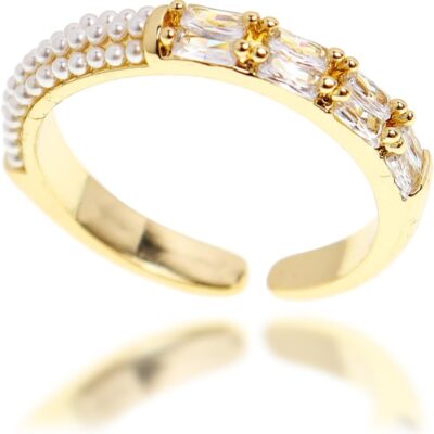 Gold Pearl Adjustable Eternity Ring for Women Trendy Cute Rhinestone Diamond Cubic Zirconia Open Stacking Ring Prom Bridal Wedding Finger Statement Jewelry Gift