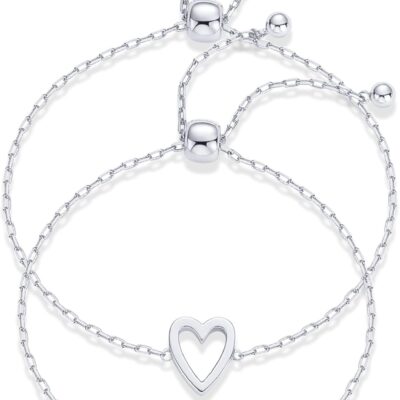 14K Gold Plated Matching Heart Charms Solitaire Bracelet Set for Women | Adjustable Valentines Day Love Friendship Two Bracelet Pack