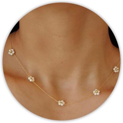 Pearl Necklaces for Women, Daisy Pearl Choker as Christmas Stocking Stuffers for Teens, Silver Daisy Pearls Jewelry Trendy Stuff Birthday Gifts 3 Pearls White Necklace as Wedding Jewelry