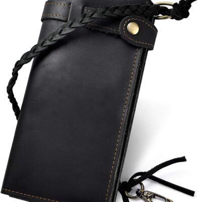 Mens Genuine Leather Bifold Wallet Organizer Checkbook Removable Chain Wallet