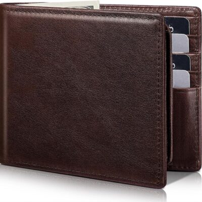 Mens Wallet Genuine Leather Bifold RFID Blocking Wallet for Men with 2 ID Windows 12 Card Holders 2 cash pockets 1 Gift Box